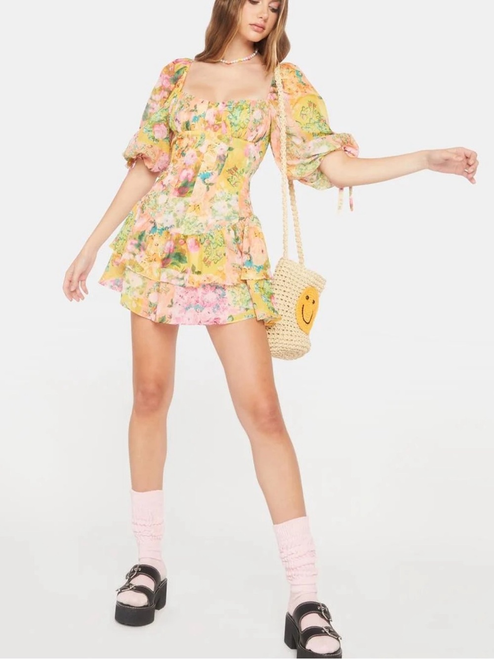 For Love & Lemons Nina Floral Tiered Dress in Yellow & Pink - Picture 7 of 7
